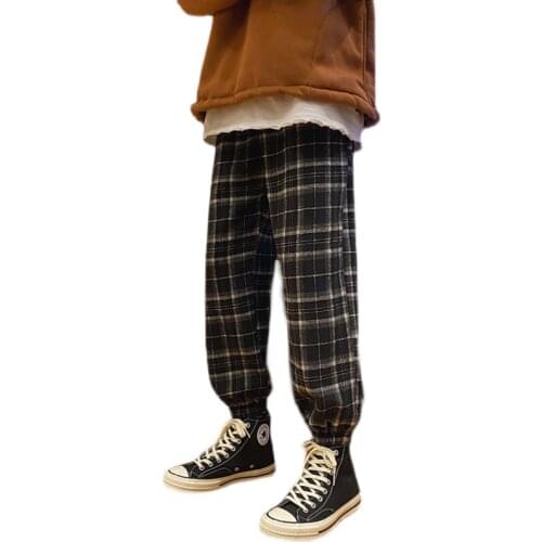 Streetwear Black Plaid Pants Men Joggers Mens Straight Harem Pants Men Korean Hip Hop Trousers Plus Size