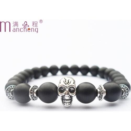 Bohemia Natural Stone Vintage silver UFO Black Matte Onyx beads Erkek Bileklik skull charms bracelet men women jewelry