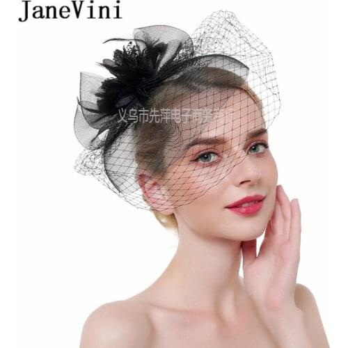 JaneVini Ladies Wedding Hats for Brides Feathers Black White Party Evening Fascinators Hat Veil Bridal Hair Accessories 2020
