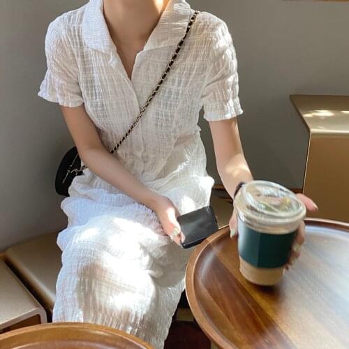2021 New Women Summer White Long Shirt Dress Sashes Fold Texture Slim Fit Elegant Pullover Maxi Sundress
