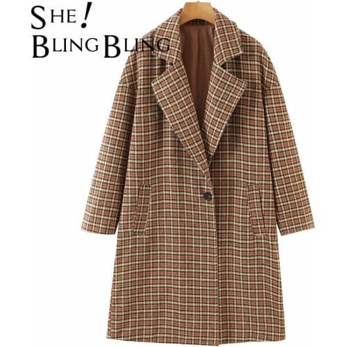 SheBlingBling Za Woman 2021 Autumn Winter Wool Blend Long Check Coat Single Button Loose Casual Jacket Female Outerwear Tra Top