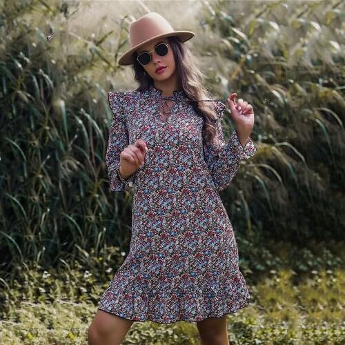 Fashion Womens Print Stand Collar Lace Up Casual Loose Ruffle Summer Long Sleeve Dresses 2021 Temperament Woman Office Dresses