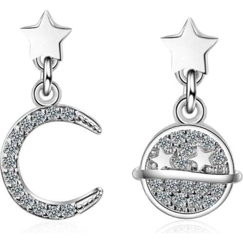 2019 Hot Sale 925 Sterling Silver Earrings Girl Jewelry Asymmetry Zircon Planet Moon Earring For Women Anniversary Accessories