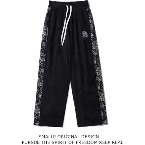 Tide cashew flower string label corduroy casual pants hip hop wide leg pants loose straight trousers men and women ins trend