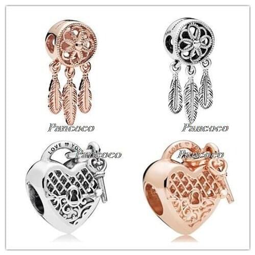 925 Sterling Silver Bead Charm Vintage Openwork Love Heart Lock & Key Bead Fit Pandora Bracelet & Necklace Diy Jewelry