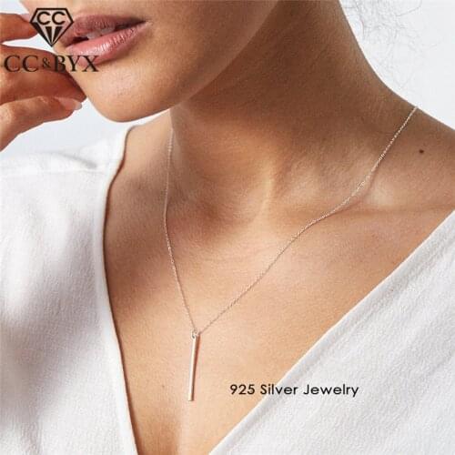 CC 100% Pure Silver 925 Necklaces Pendants For Women Stick Long Pendant Link Chain Square Necklace Strip Trendy Jewelry CCN303