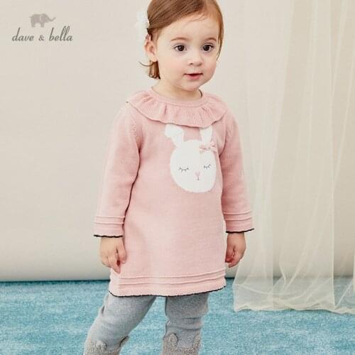 DBH14437 dave bella autumn baby girls cute bow cartoon sweater dress children fashion party dress kids infant lolita clothes