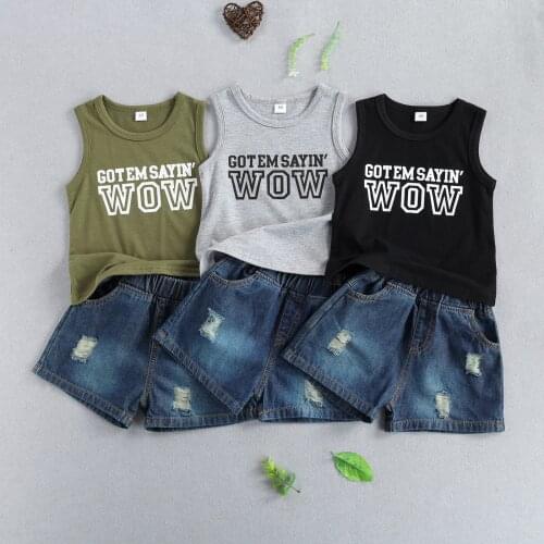 Baby Childrens Sets Vest + Denim Shorts Retro Sanded GOTEMSAYINS WOW Letter Print Summer Clothing