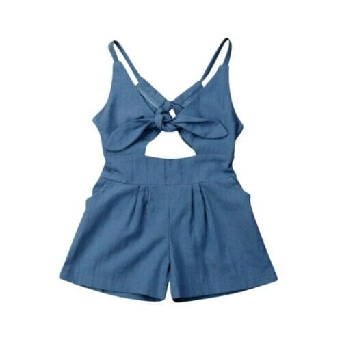 AU Toddler Kids Baby Girl Blue Bow Backless Solid Romper Jumpsuit Playsuit Outfit Clothes