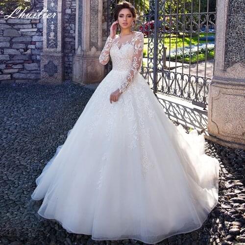 Lhuilier Elegant A Line Lace Appliques Wedding Dresses Scoop Neck Full Sleeves Floor Length Tulle Bridal Gowns with Sheer Back