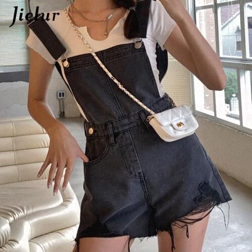 Jielur Ripped Do Old Suspender Jeans Women Korean Style Loose Denim Shorts Female Slim Straight High Waist Black Shorts S-XL