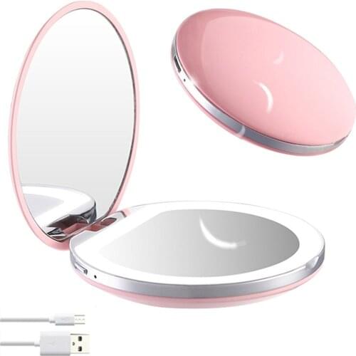 Mini Round Makeup Mirror with LED Light Portable Pocket hand held 3X Magnifying USB Rechargeable Make Up Beauty Tool for Travel