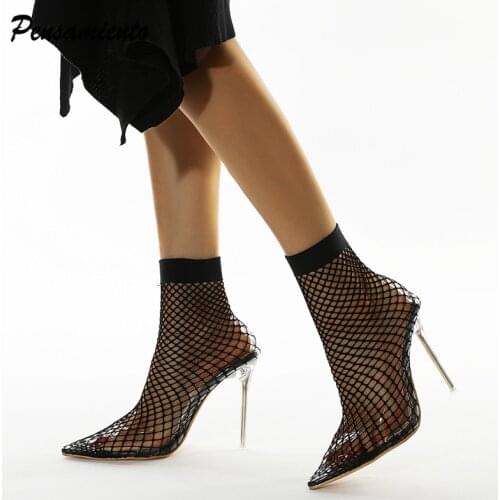 Summer Stretch Mesh Women Boots Sexy see through crystal clear heeled Sock Boots Fashion High heels Ankle boots Party Club Shoes