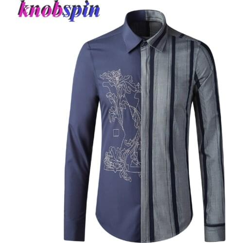 Brand Fashion Flowers embroidery Men Shirt Long sleeve Patchwork Chemise homme Brand Quality Shirts men Casual Slim Camisas