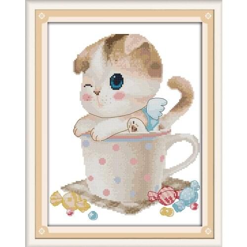 Kitten in the cup cross stitch kit cartoon animal cat pattern printed cloth DIY hand embroidery set craft handmade needlework