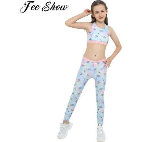 Newest Kids Girls Ballet Dance Set Yoga Gym Running Sportsuit U Neck Racer Keyhole Back Cartoon Print High Waist Pants Trousers