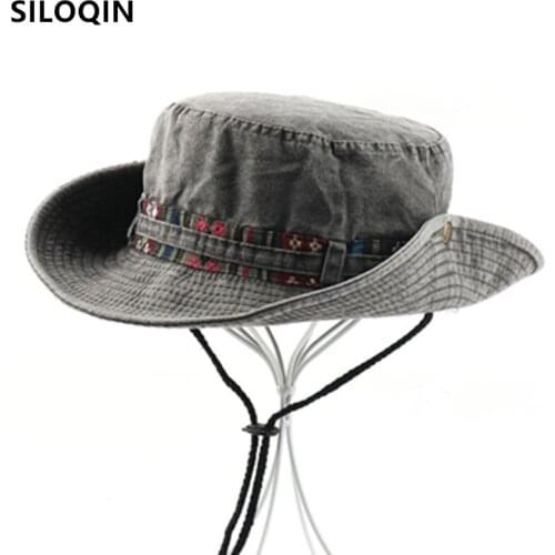 SILOQIN Foldable Washed Cotton Flat Cap New Summer Mens Panama Bucket Hat Fishing Cap Climbing Hats Wind Rope Fixed Beach Hat