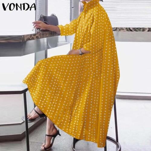 Polka Dot Printed Shirt Dress 2021 VONDA Office Ladies Sundress Vintage Asymmetric Party Maxi Long Dress Vestidos