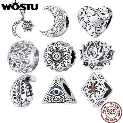 WOSTU Authentic 925 Sterling Silver Retro Vintage Lotus Beads Charms Pendant Fit Bracelets Women DIY Fine Jewelry Gift Making