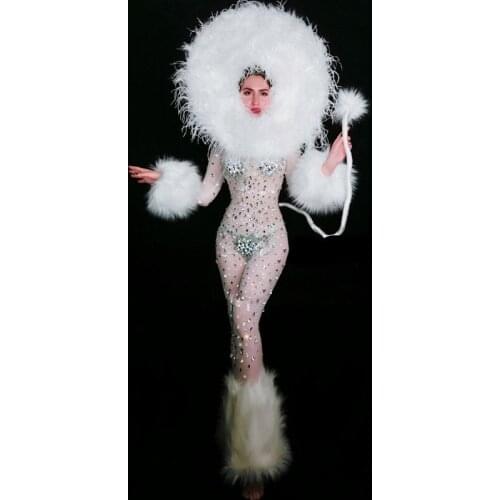 Sexy Lady Rhinestone Perspective Stage Performance Costume Halloween White Lion Cosplay Clothes With Headwear for Party Clubs