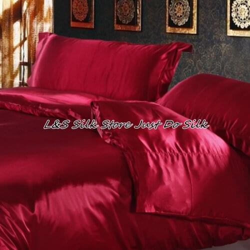 Silk bedding sets 4pcs luxurious duvet cover wine red 100% mulberry silk dyed fabric king queen Full Twin ls2129