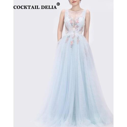Blue Pink A-Line Backless Evening Dresses For Teenagers Sleeveless Elegant Ceremony Long Party Dress Beading Tulle Embroidery