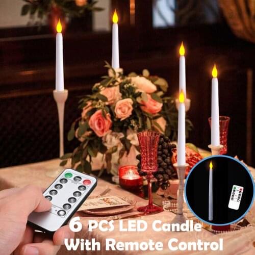Pack of 6 Yellow Flickering Remote LED Candles,Plastic Flameless Remote Taper Candles,bougie led For Dinner Party Decoration