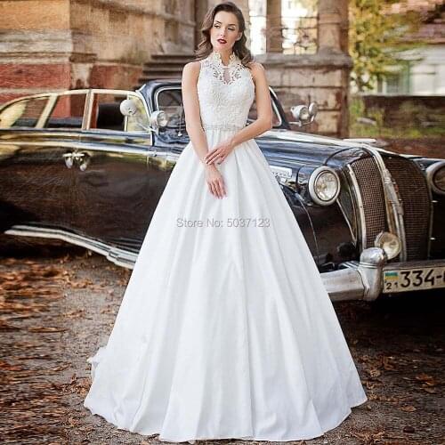 Vestido De Noiva Wedding Dresses 2019 A Line Satin High Neck Sleeveless Illusion Button Wedding Bridal Gowns Sweep Train