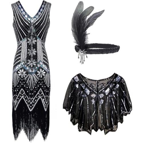 Womens Pluse Size 1920s Gatsby Sequin Beaded Fringed Flapper Dress with 20s Accessories Set 3 pc Headband / Shawl / Dress