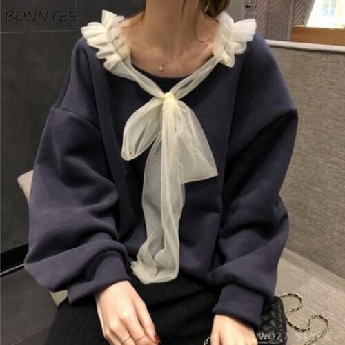 Hoodies Women Winter Plus Velvet Thicken Patchwork Mesh Bow Wood-ear Sweet Girls O-neck Korean Style Ulzzang Chic Leisure Loose