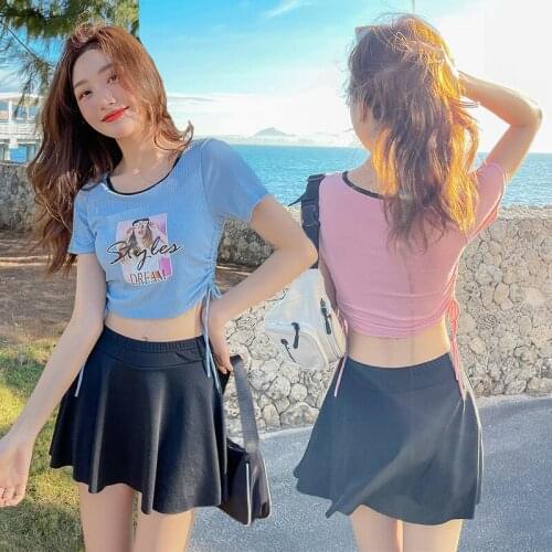 New Split Swimsuit Womens Short Sleeve Conservative Cover Your Belly with High Waist Slimming Two-Piece Suit Hot Spring