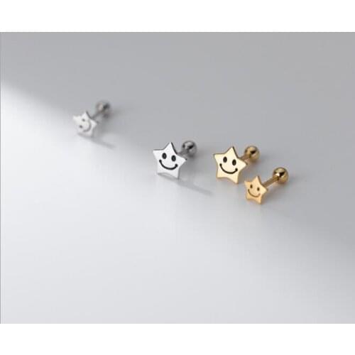 4mm 5mm 7mm REAL. 925 Sterling Silver Jewelry Piercing Ball & Smile Star ear Screw Stud Earrings C-G9565