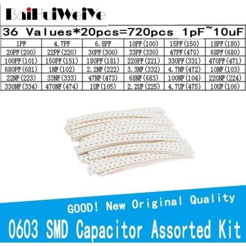 720PCS/LOT 0603 SMD Capacitor Assorted Kit ,36 Values*20pcs=720pcs 1pF~10uF Samples Electronic Diy Kit