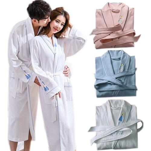 Spring Autumn Pure Cotton plain color bathrobes embroidery robe Unisex long-sleeve Sleepwear water absorption bathrobe pijamas
