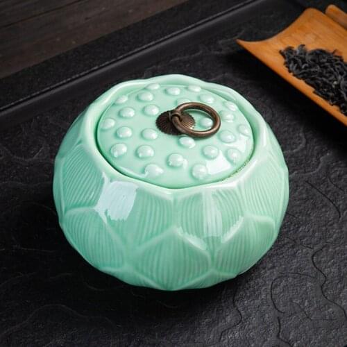 Big Size Celadon Lotus Tea Caddy Puer Green Tea Box Jar Sealed Storage Tea Canister Teaware Household Kitchen Supply