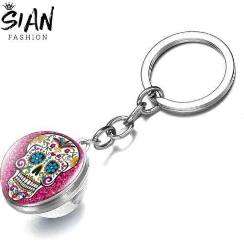 SIAN Multicolor Mexican Sugar Skull Keychain Folk Painted Art Picture Double Sided Glass Ball Key Chain Day of The Dead Key Ring