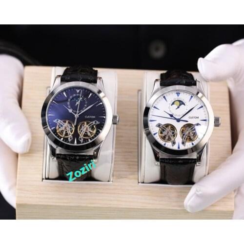 Men Two Tourbillon Mechanical Watch for Male Watches Cow Leather Skeleton Clock Moon Sun Turning Moon Phase Wristwatch 42mm