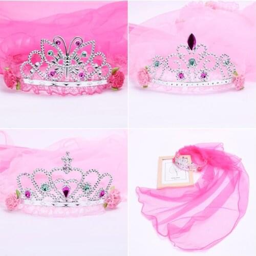 Child Girls Wedding Hairband Hollow Butterfly Tiara Crown Princess Flower Wreath Jewelry Rhinestone Mesh Veil Birthday Headband