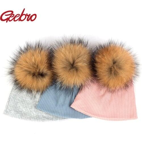 Geebro Kids Childs Soft Warm Knit Tie Dye Ribbed Cotton Beanies hat With 13cm Real Fur Pompom For Baby Girl Winter Skullies Hats