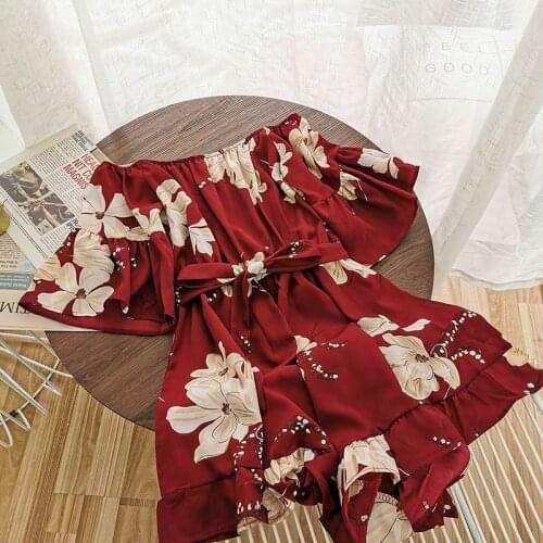 HELIAR Women Off Shoulder Playsuits Wide Leg Waist Belt Rompers Women Floral Printed Loose Falbala Jumpsuits For Women Summer