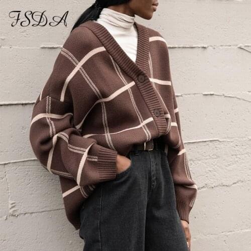 FSDA 2021 Oversized Cardigan Women V Neck Autumn Winter Long Sleeve Brown Y2k Loose Casual Sweater Knitted Fashion
