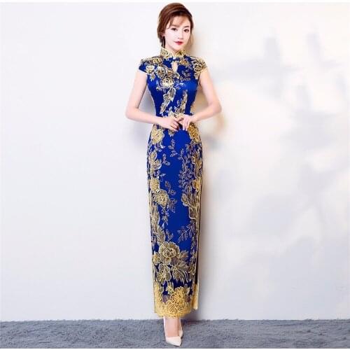 Shanghai Story chinese traditional dress Floral Sequins Long Qipao Short Sleeve Lace cheongsam dress Oriental Style Dress