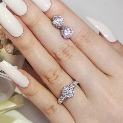 2pcs Pack 925 Sterling Silver Jewelry Set Halo Engagement Ring Round Stud Earring For Wedding Gift Christmas J6294