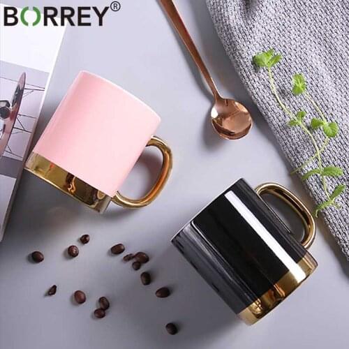 BORREY Creative Ceramic Coffee Mug Tea Cup Gold Handle Chinese Porcelain Tea Cup Hand Painted Gold Pink Mugs Office Cup Mug