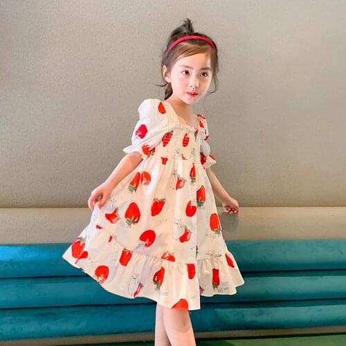 Summer New Girl Strawberry Dress Western Style Short-Sleeved Cotton Skirt Female Baby Beach Skirt Holiday Skirt Easter Clothes