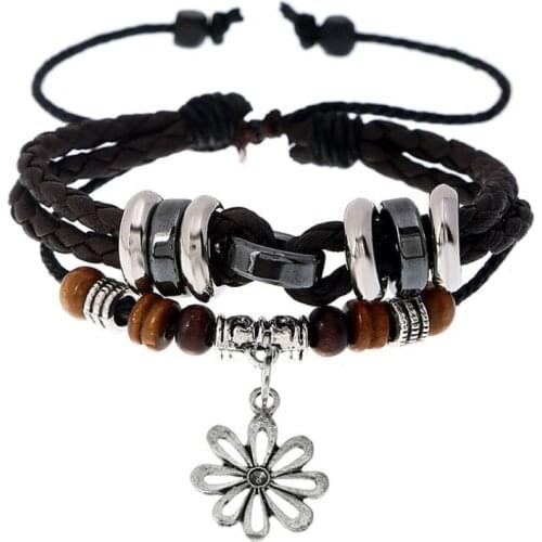 Fashion Vintage Casual Flower Charms Women Bracelet Handmade Multi-layer Beads Bangle Wrap Weave Leather Wristbands Jewelry Gift