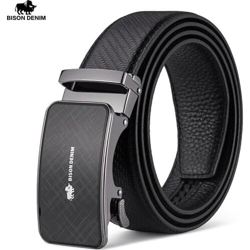 BISON DENIM Genuine Leather Automatic Buckle Top Layer Belt Pure Mens Business Pants Belt Luxury Leahter Strap Belt N71655
