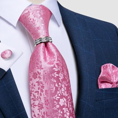 New Fashion Mens Wedding Formal Business Tie Set 100% Silk Pink Floral Necktie Accessories Pocket Square Cufflinks DiBanGu