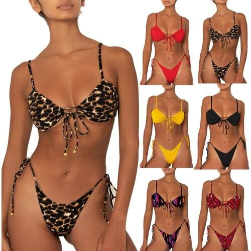 NEW Leopard Print Solid Color Bandage Bikini Set Women Two-piece Swimsuit Swimwear