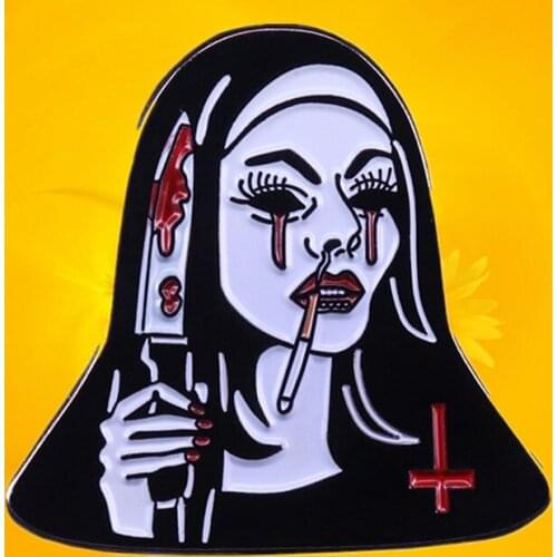 Bad Habit Nun Smoking Enamel Pin Holding Bloody Knife Gothic Punk Horror Scary Enamel Lapel Pin brooch jewelry